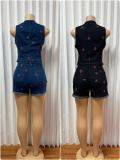 Plus Size Sleeveless Cherry Embroidered Vest Short Denim Suit GMYU-6765