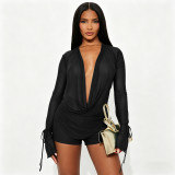 Solid Color Mesh Long Sleeve Tops Short Suit SHD-9984