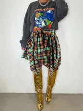 Plaid Print Irregular Half Body Skirt HNIF-N104