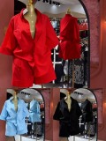 Solid Color 3/4 Sleeve Loose Shirt Shorts Suit GADE-93641