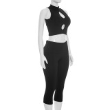 Solid Color Hollow Out Tops Seventh Pants Suit GDSF-J26ST187