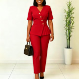 Plus Size Solid Color Short Sleeve Two Piece Pants Set GCZF-8663