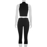 Solid Color Hollow Out Tops Seventh Pants Suit GDSF-J26ST187