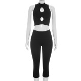 Solid Color Hollow Out Tops Seventh Pants Suit GDSF-J26ST187