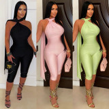 Casual Solid Color Backless Seventh Jumpsuit BY-7719