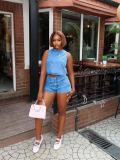 Cherry Embroidery Sleeveless Denim Two Piece Shorts Set GADE-6753