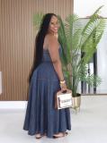 Fashion Denim Off Shoulder Sling Maxi Dress GADE-6755