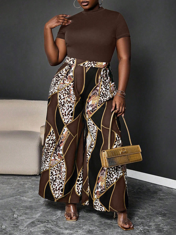 Plus Size Solid Color Tops Leopard Wide Leg Pants Suit GAWE-6748
