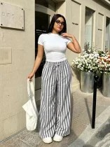 Plus Size Solid Color T Shirt Stripe Pants 2 Piece Set GADE-11411