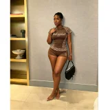 Leopard Print Short Sleeve Sport Two Piece Shorts Set FOSF-8857