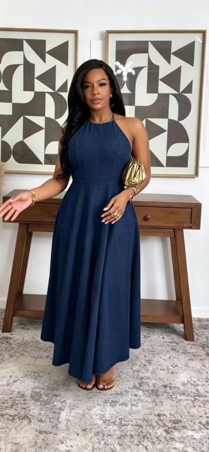 Fashion Denim Off Shoulder Sling Maxi Dress GADE-6755