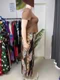 Plus Size Solid Color Tops Leopard Wide Leg Pants Suit GAWE-6748