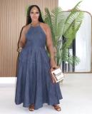 Fashion Denim Off Shoulder Sling Maxi Dress GADE-6755
