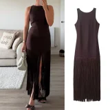 Solid Color Sleeveless Tassel Maxi Dress GMYU-11249