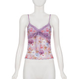 Lace Patchwork V Neck Print Sling Top GPKJ-MR49008
