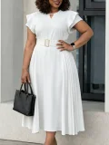 Plus Size Ruffles Short Sleeve Solid Midi Dress GATE-629