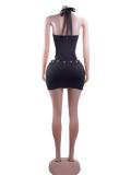Deep V Neck Hollow Out Bodysuit Two Piece Skirts Set GTGE-MH1011