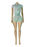 Short Sleeve Hooded Top Two Piece Shorts Set CH-26021