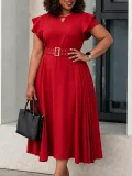 Plus Size Ruffles Short Sleeve Solid Midi Dress GATE-629