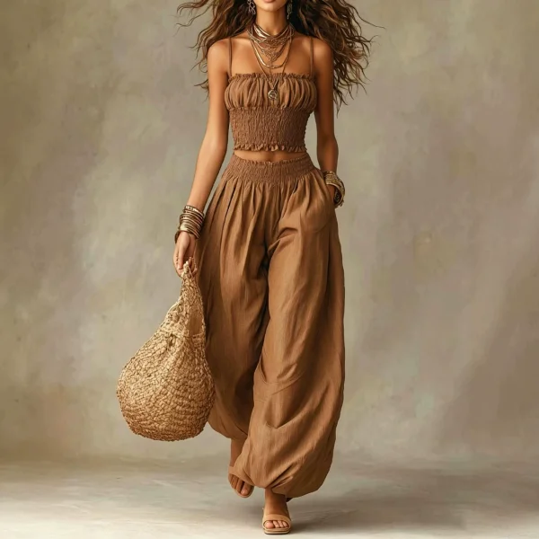 Solid Color Sling Top Lantern Pants 2 Piece Set GWDS-260403