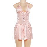 Solid Color Halterneck Skinny Mini Dress GZJQ-K6D07886A