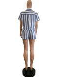 Stripe Color Block Shirt Two Piece Short Set QODY-6075