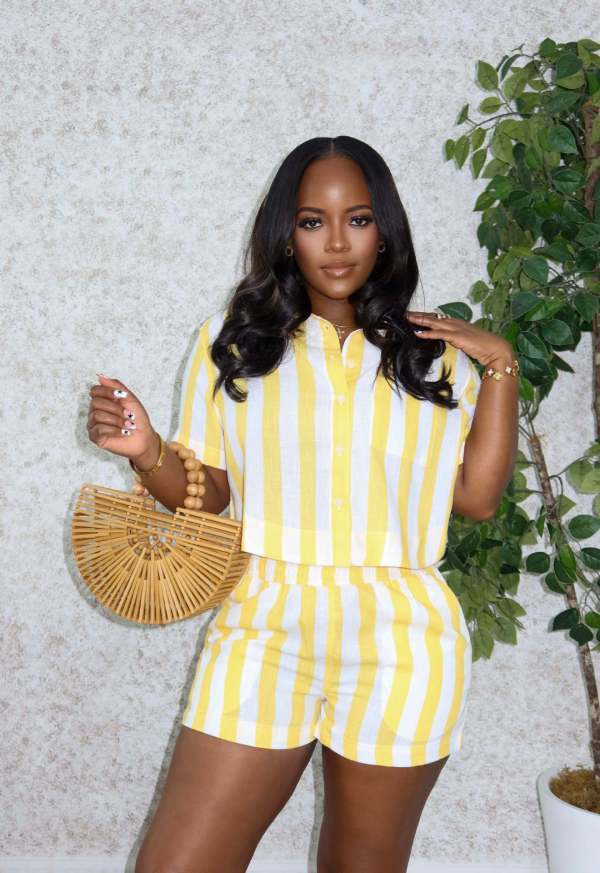Stripe Color Block Shirt Two Piece Short Set QODY-6075