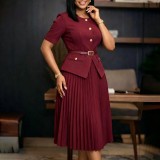 Plus Size Solid Color Patchwork Press Pleated Midi Dress GATE-633
