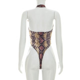 Deep V Neck Print Backless Bodysuit MXBF-J26BS204