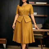 Plus Size Solid Color Patchwork Press Pleated Midi Dress GATE-633