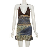 Halterneck Backless Print Two Piece Skirts Set XEF-K24S48837