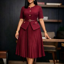 Plus Size Solid Color Patchwork Press Pleated Midi Dress GATE-633