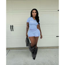 Letter Print Short Sleeve Sport 2 Piece Shorts Set FOSF-8853