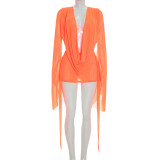 Mesh Long Sleeve Backless Mini Dress GDSF-D25DS222