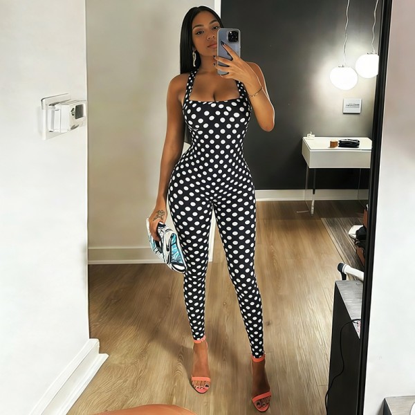 Polka Dot Print Backless Jumpsuit XEF-K6Q08484A