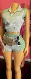 Stripe Lapel Sleeveless Two Piece Shorts Set GBGF-26582