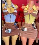 Color Block Zipper Top Two Piece Skirts Set GBGF-265283