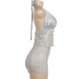 V Neck Halterneck Vest Two Piece Shorts Set XEF-K6S09317A