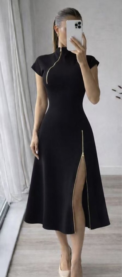 Solid Color Zipper Split Midi Dress QODY-6077