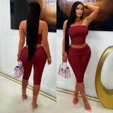 Solid Color Wrap Chest Top Two Piece Shorts Set MZ-26006