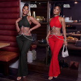 Hot Drill Waist Chain Solid Color Two Piece Pants Set CYA-902399