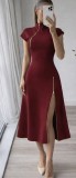 Solid Color Zipper Split Midi Dress QODY-6077