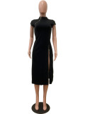 Solid Color Zipper Split Midi Dress QODY-6077