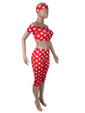 Polka Dots Print Top Seventh Pants Suit(With Headscarf) SHD-9992