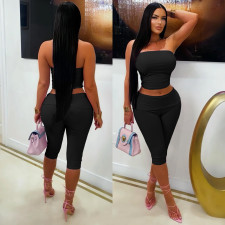 Solid Color Wrap Chest Top Two Piece Shorts Set MZ-26006