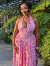 Polka Dot Print Halterneck Big Swing Maxi Dress SH-391574