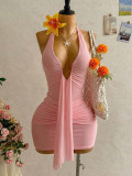 Solid Color Halterneck Ruched Mini Dress GXIY-K26L2515