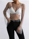Fishnet Rhinestone Sexy Cutout Beach T-Shirt GZYY-W1122-3
