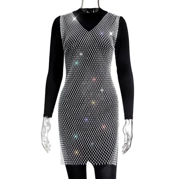 Sexy Mesh Sparkle Diamond Fishnet Mini Dress GZYY-1002