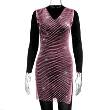 Sexy Mesh Sparkle Diamond Fishnet Mini Dress GZYY-1002